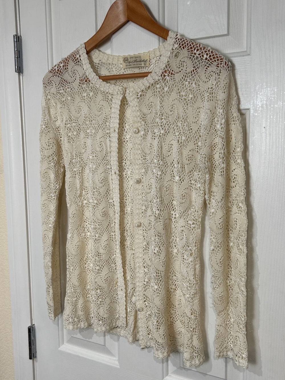 Vintage Hand Crocheted Cream Lace Cardigan Sweater - Picture 4 of 11